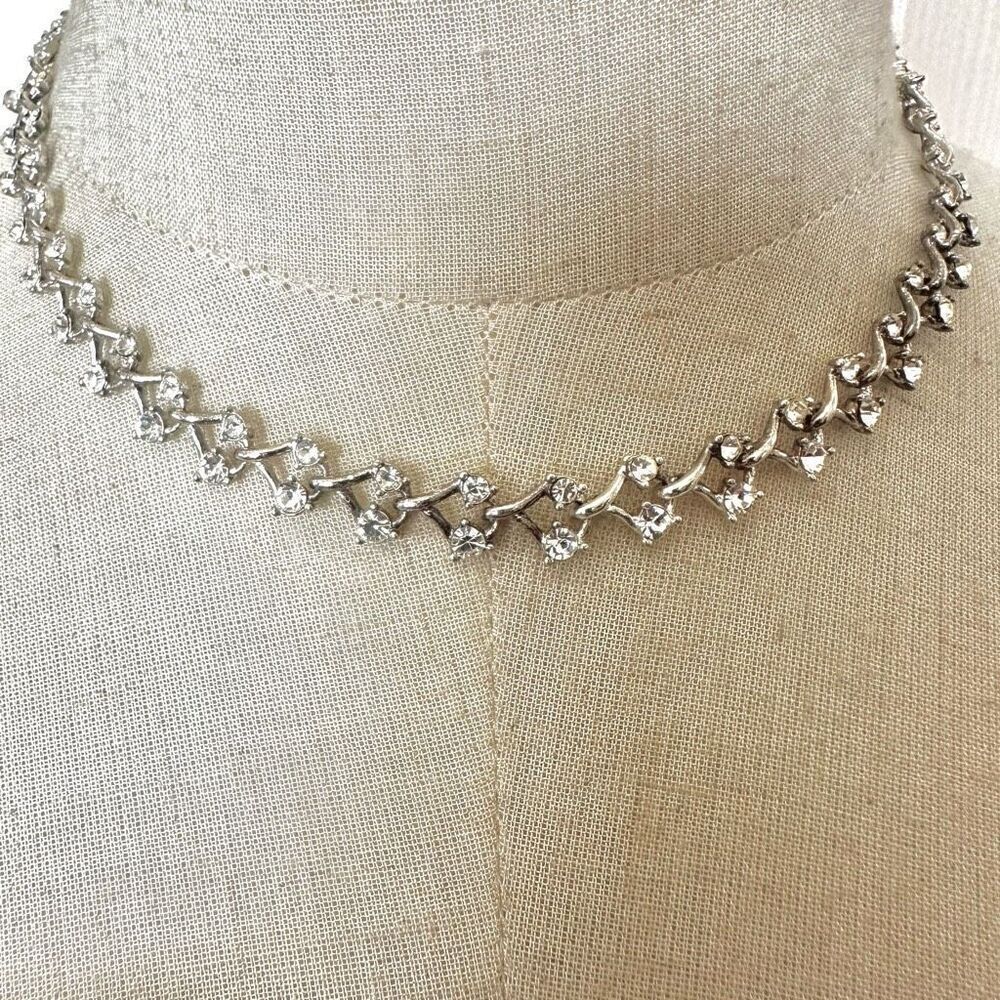 Rhinestone silver tone bib necklace